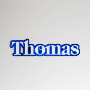 Blue and white acrylic name plaque