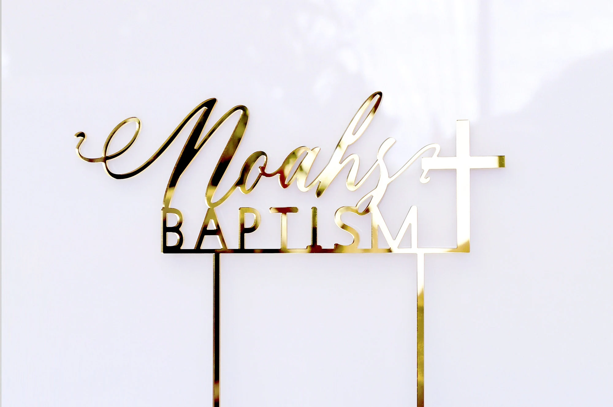 Gold Acrylic Baptism cake topper with Cross for Noah