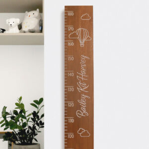 Wooden Height Ruler with Hot Air Balloon design, stained sutherland teak